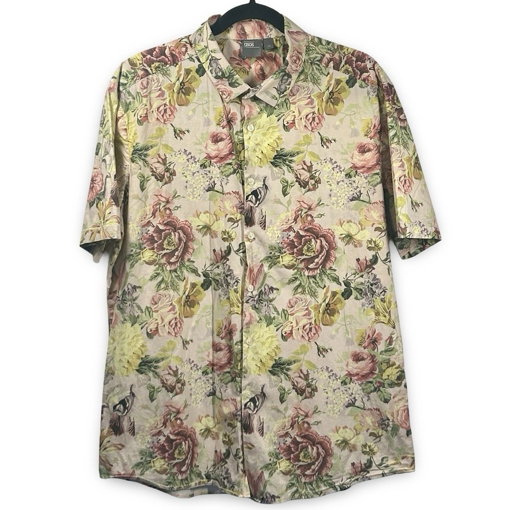 ASOS Rose‎ Floral Cotton Camp Shirt Men's Size 2XL Preppy Breathable Birds
